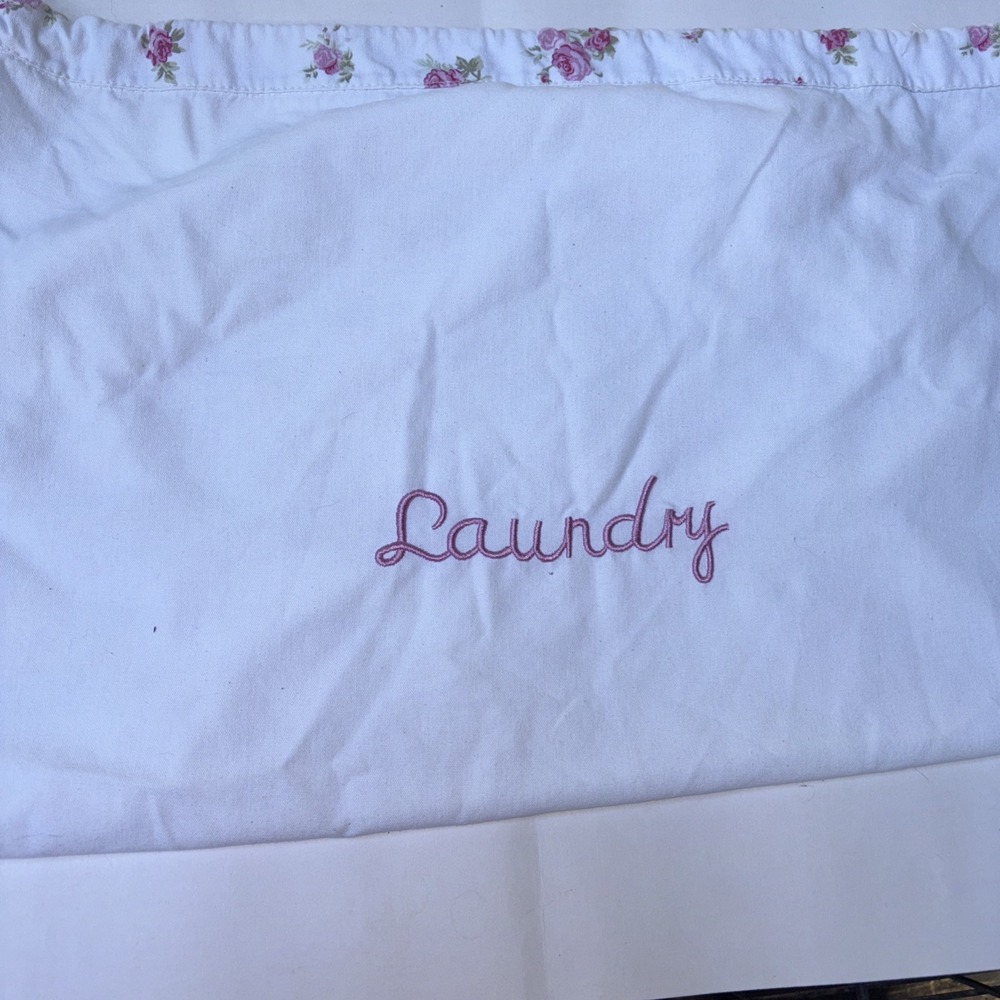 Cloth Laundry Bag Drawstring Floral Retro Flower Pink White Green - Picture 2 of 7